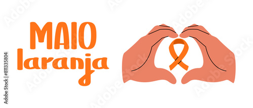 Maio laranja campaign against violence research of children. Hands with orange ribbon. Vector flat banner.