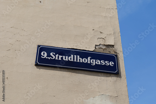 Street Sign Strudlhofgasse Near the Art Deco Strudlhofstiege Staircase in Vienna Austria In District Alsergrund 