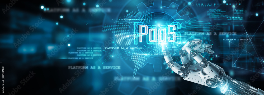 Cloud computing, Hands of robot touch PaaS icon, scaling and deploying applications on network, flexibility, efficiency, scalability, cost-effectiveness, innovation, development and deployment agility Cloud computing, Hands of robot touch PaaS icon, scaling and deploying applications on network, flexibility, efficiency, scalability, cost-effectiveness, innovation, development and deployment agility