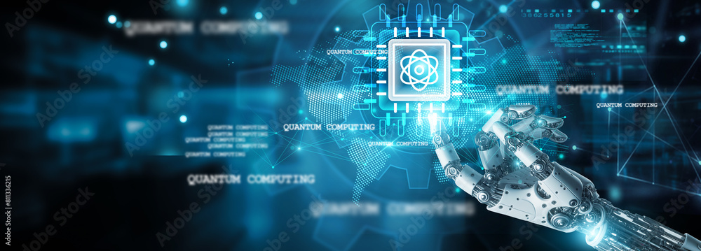 Quantum Computing, Hands of robot touch quantum bits and the Quantum Computing icon, algorithms evolve on network, encryption, decryption, data security, speed, and efficiency accelerate exponentially Quantum Computing, Hands of robot touch quantum bits and the Quantum Computing icon, algorithms evolve on network, encryption, decryption, data security, speed, and efficiency accelerate exponentially