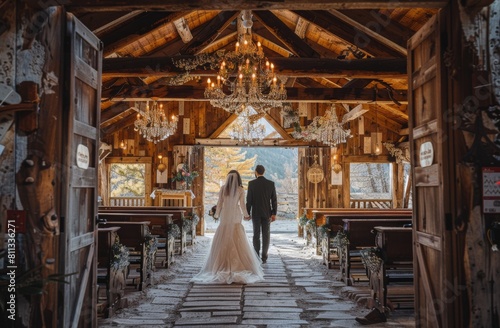 Bride and Groom Walking Down the Aisle in Rustic Barn
