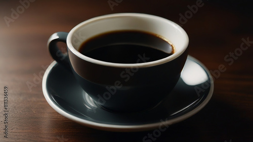 A dark coffee cup filled with black coffee  on a wooden table. 