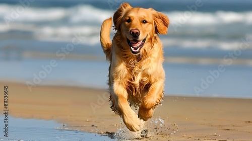 Golden retriever dog running on beautiful beach pictures 