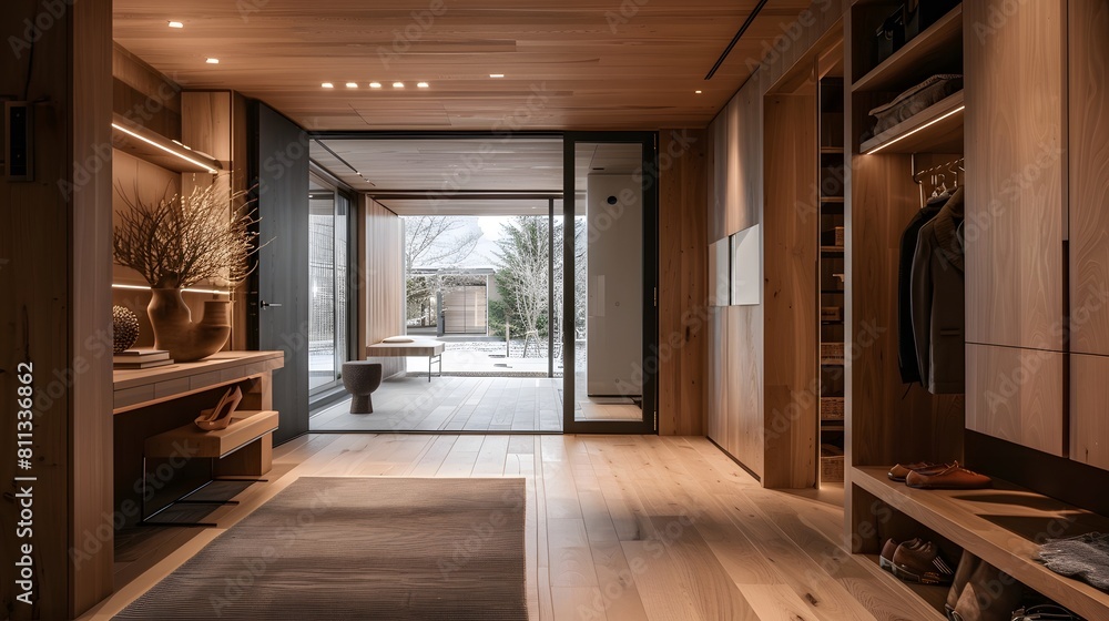 Interior stylish modern wooden entrance hallway decor with cozy wooden tone, contemporary home with furniture desk, stand and shoe bench. Interior stylish modern wooden entrance hallway decor with cozy wooden tone, contemporary home with furniture desk, stand and shoe bench.