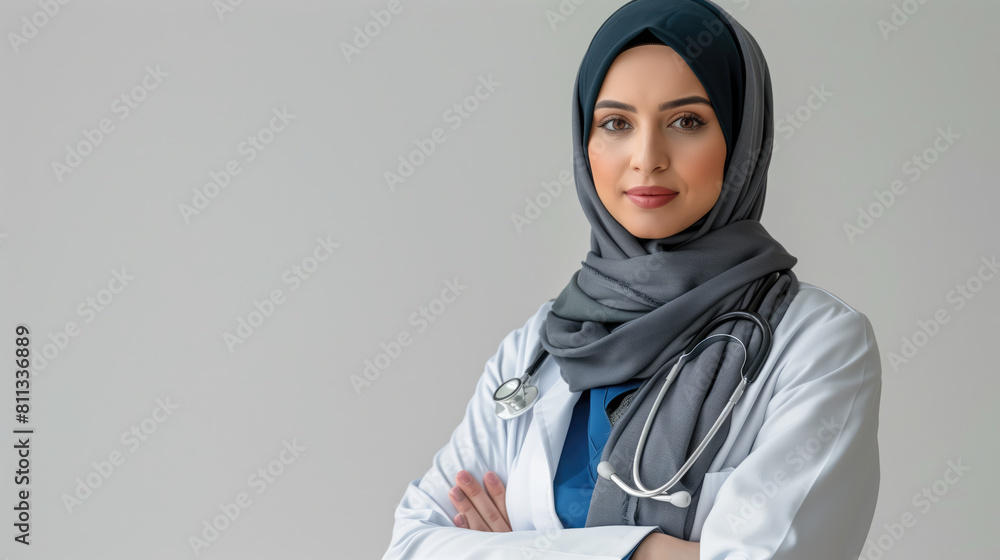 medical worker in hijab and white coat with stethoscope medical worker in hijab and white coat with stethoscope