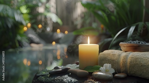A hyacinth-scented candle positioned among organic spa decor  like bamboo towels and river stones  for a calming luxury spa atmosphere. Shot in 8K