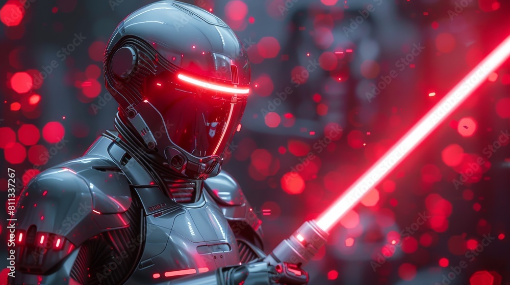 The May the 4th celebrations can be enhanced by this futuristic warrior with a glowing lightsaber and a dark backdrop. The May the 4th celebrations can be enhanced by this futuristic warrior with a glowing lightsaber and a dark backdrop.