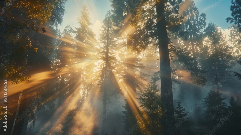 Naklejka premium A sun rays shine through the trees in a forest.