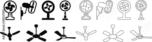 Electric Fan Icons set. Multi Series. Ceiling Fans, Propellers Vector Linear. Electric Indoor Fans flat Symbol Pack. Air Conditioning, Cooling, Climate Control Technology. Household Appliance Isolated