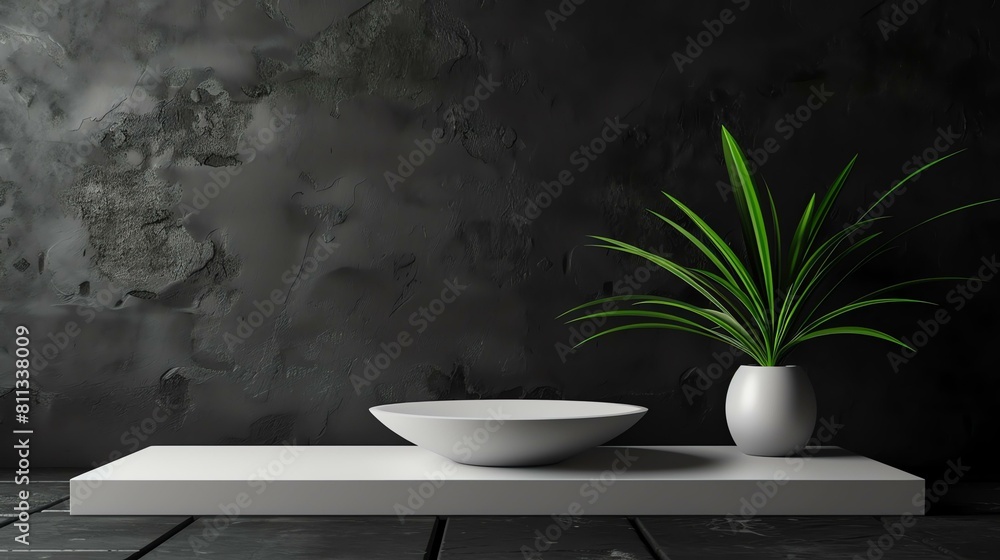 A simple and elegant product display scene with a white bowl and a green plant on a white platform against a dark background.