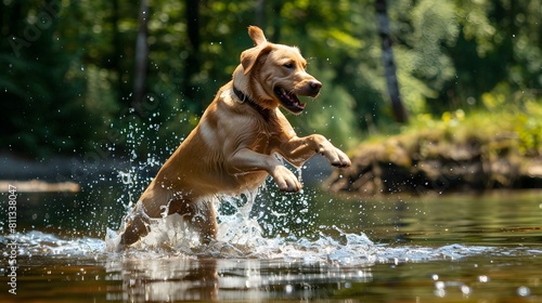 Labrador jumps in the water 