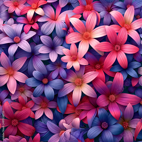 Digital seamless pattern painting of pink and purple flowers on a dark blue background. The flowers have a gradient appearance and are scattered throughout the image.