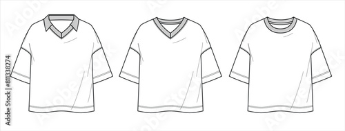 Vector short sleeved T-Shirt fashion CAD, woman round neck dropped shoulder top technical drawing, template, flat, sketch. Jersey or woven fabric 3 pieces set tee with front, back view, white color