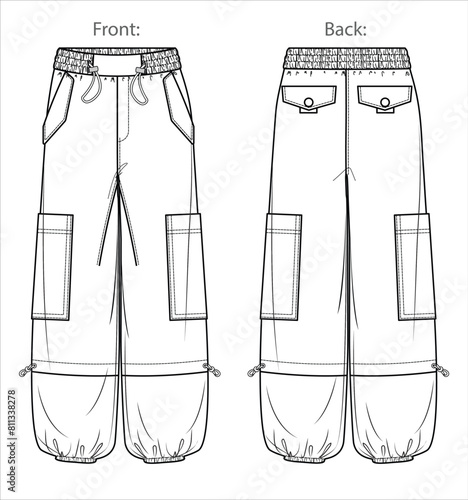 Vector woman fleece jogger technical drawing, utility style pants with waistband and side pockets detail fashion CAD, template, sketch, flat. Woman cargo trousers with front, back view, white color