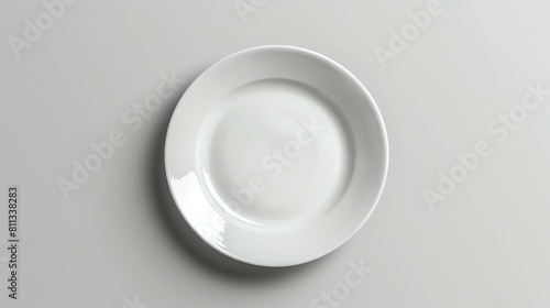 A white plate on a white background. The plate is round and has a slightly raised rim. The plate is clean and has no food on it.
