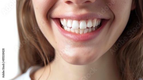 Close-up of a young woman's smile. She has white, healthy teeth and is smiling happily. photo