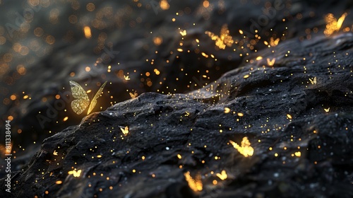 A butterfly is flying over a rock with fire. photo