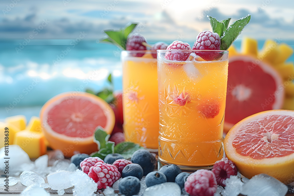 Fresh summer drinks cocktails with berries, fruits, ice and frost on glasses. Vacation open beach bar concept. Fresh summer drinks cocktails with berries, fruits, ice and frost on glasses. Vacation open beach bar concept.
