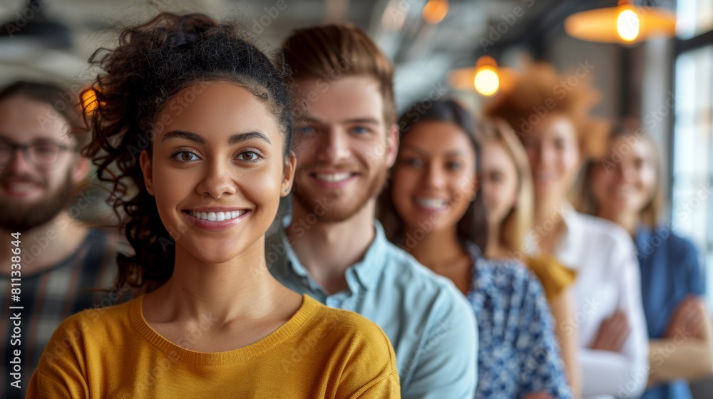 A group of people standing in a line with smiles on their faces, AI