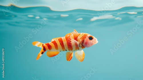 A beautiful orange and white fish swims in the deep blue sea. The fish is surrounded by a stunning coral reef and colorful aquatic plants. photo