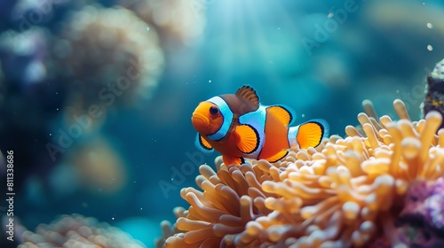 This is a beautiful underwater photo of a clownfish swimming in a coral reef. The clownfish is orange and white with a black stripe around its eyes. photo