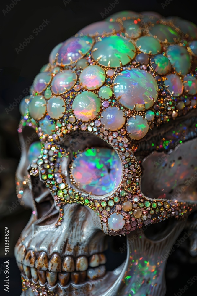 Iridescent Opal Skull on Rocky Surface
