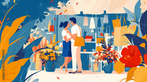 Um casal explorando um mercado local em uma viagem internacional, absorvendo a cultura e os sabores locais. - Ilustração photo