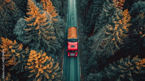 Red Truck Driving Through Forest