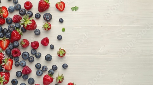 Fresh strawberries, raspberries, blueberries, and mint are beautifully displayed on a white wooden table. These vibrant natural foods are perfect ingredients for a berry cake recipe AIG50