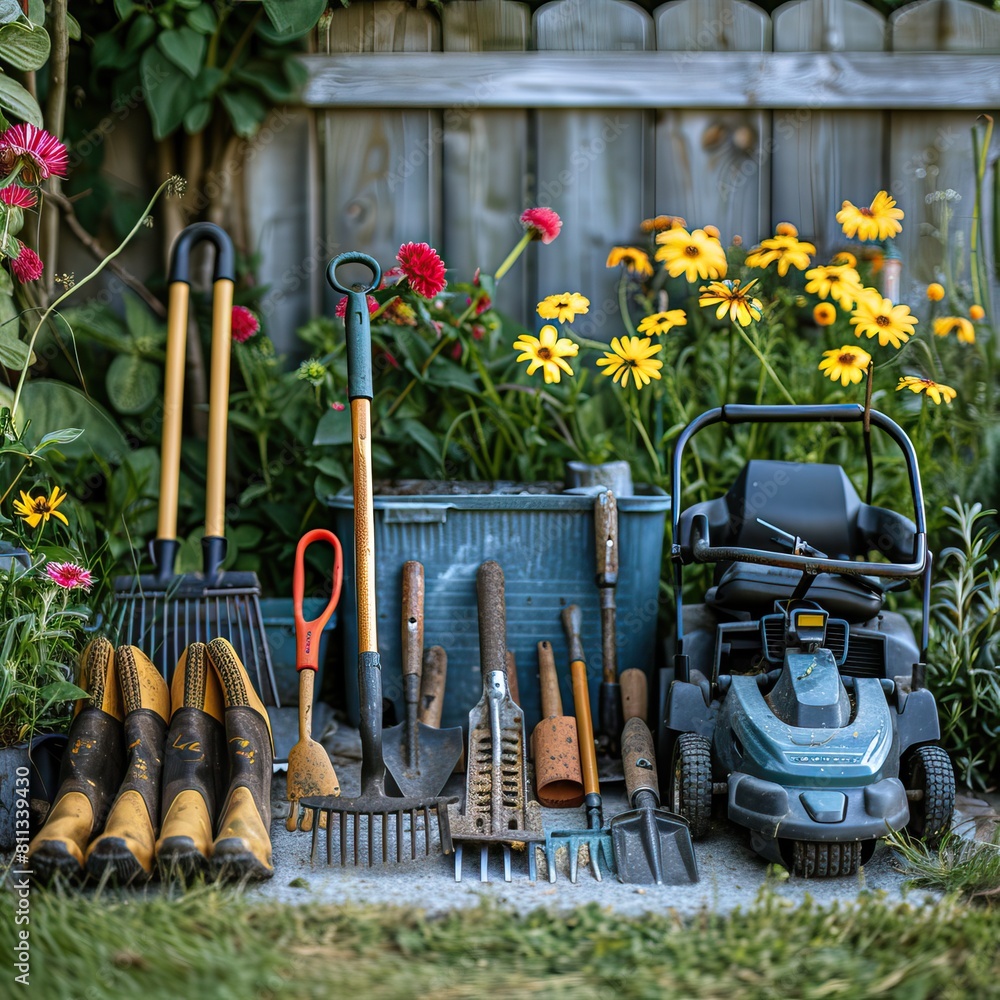 Fototapeta premium Garden tools with seedlings vegetable. High quality AI generated image