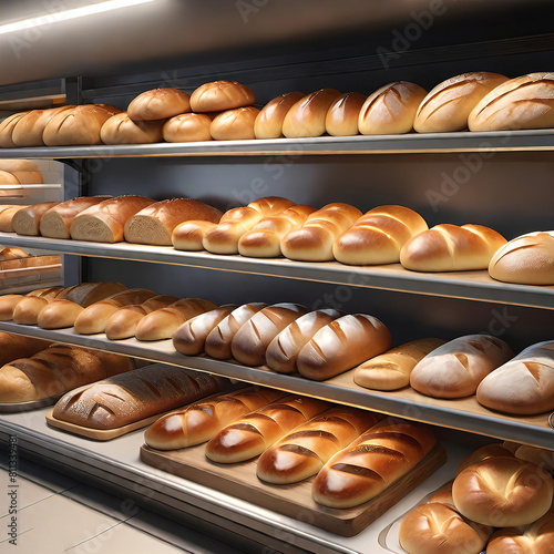 Assorted breads displayed on the shelves of bakery supermarkets: Various types of bread, rolls, baguettes, bagels, rolls and many other fresh breads displayed in the window of a grocery store,
