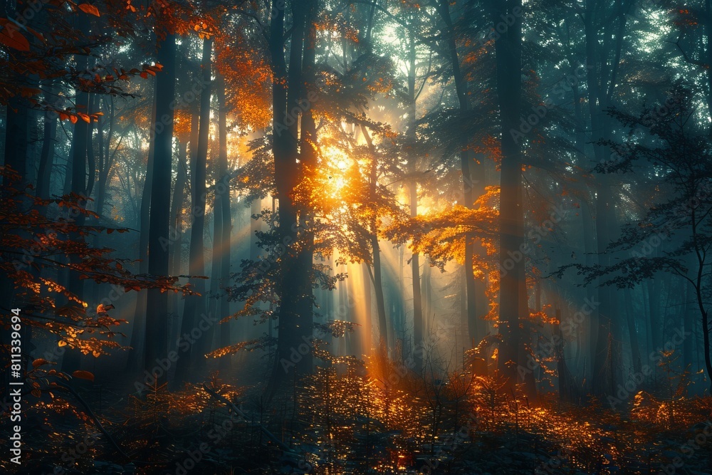 A forest with sun shining through the trees. A forest with sun shining through the trees.