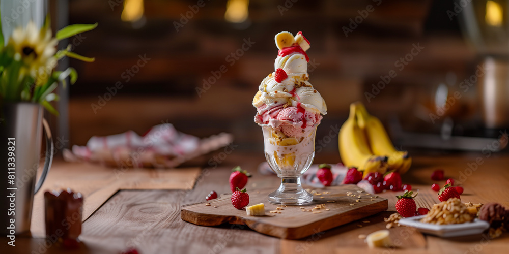 Ice cream sundae standing on a wooden table with bananas, strawberries and raspberries; incl. whipped cream