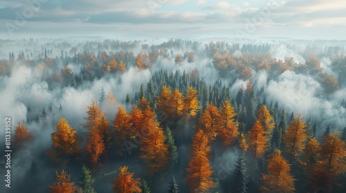 A forest with trees and fog in the background.