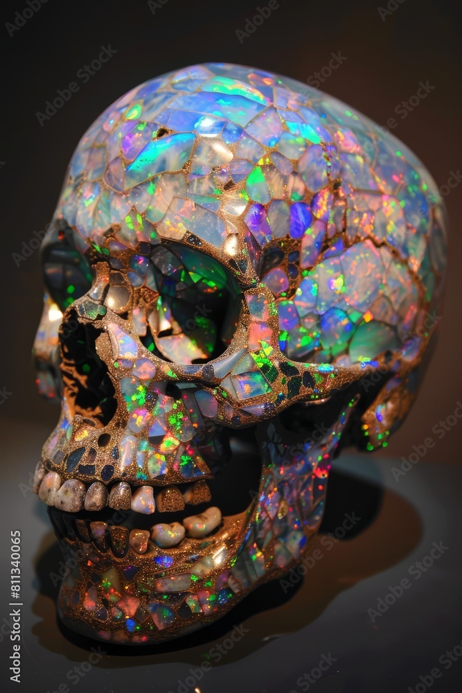 Iridescent Opal Skull on Rocky Surface
