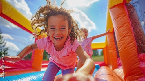 A delightful moment captured in time as children revel in the fun of a vibrant bounce house, their smiles radiant under the brilliant summer sun photo
