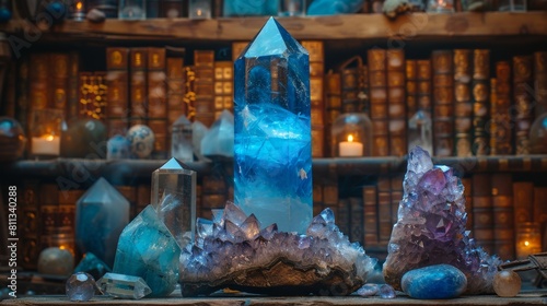 Stones and obelisks over an astrology desk, witchcraft, herbal medicine and healing, Reiki crystal ritual, Witchcraft, spiritual esotericism.