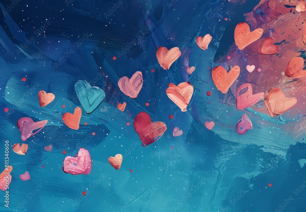 Abstract composition of painted hearts floating over a textured blue background with vivid contrasts Abstract composition of painted hearts floating over a textured blue background with vivid contrasts