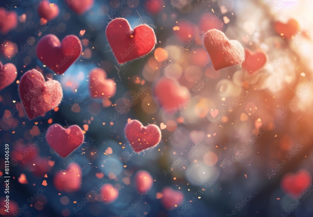 An enchanting image featuring numerous red hearts floating against a soft, glowing background filled with magical bokeh effects