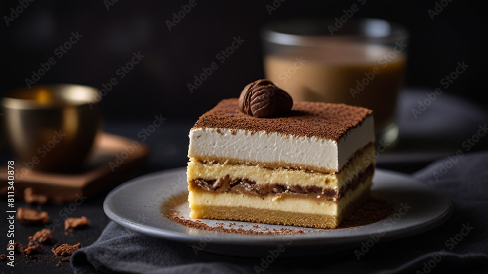 Baileys tiramisu served on dark moody table with coffee beans decoration Baileys tiramisu served on dark moody table with coffee beans decoration