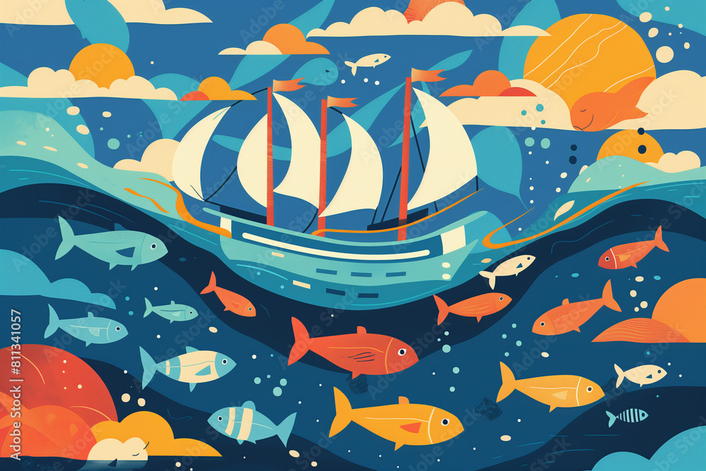 Naklejka premium Boat Sailing in the Ocean Surrounded by Fish