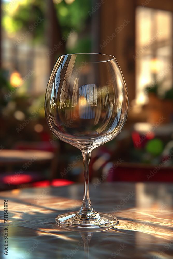 A wine glass is sitting on a table with a red chair behind it A wine glass is sitting on a table with a red chair behind it