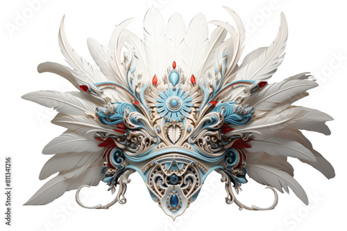 A large, ornate, white headpiece with blue and red feathers. The feathers are arranged in a way that creates a sense of movement and flow. Scene is elegant and sophisticated photo