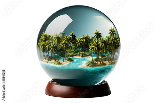 A glass globe with a blue ocean and palm trees. The scene is peaceful and serene. The blue water and green palm trees create a tropical atmosphere. The globe is placed on a wooden stand © Rattanathip