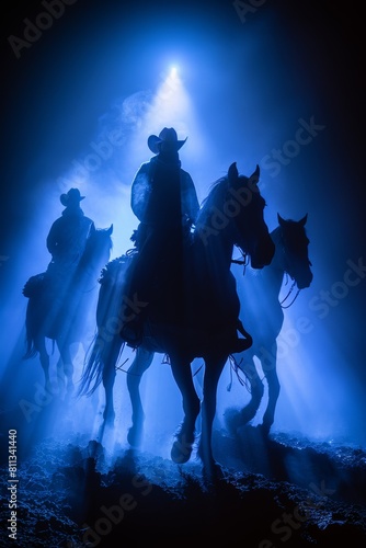 Three men riding horses in the dark with a light shining on them  AI