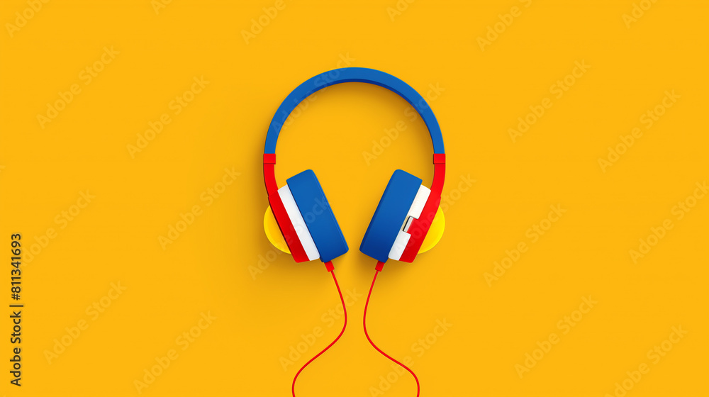 Bright red, yellow, blue headphones on yellow background - modern design and stylish music concept. Copy space.