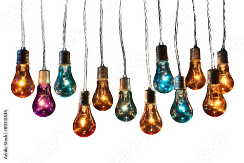 A row of colorful light bulbs hanging from a string. The bulbs are of different colors and sizes, creating a vibrant and cheerful atmosphere