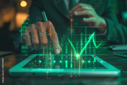 Businessman using a laptop and holding a pen to write on a virtual screen