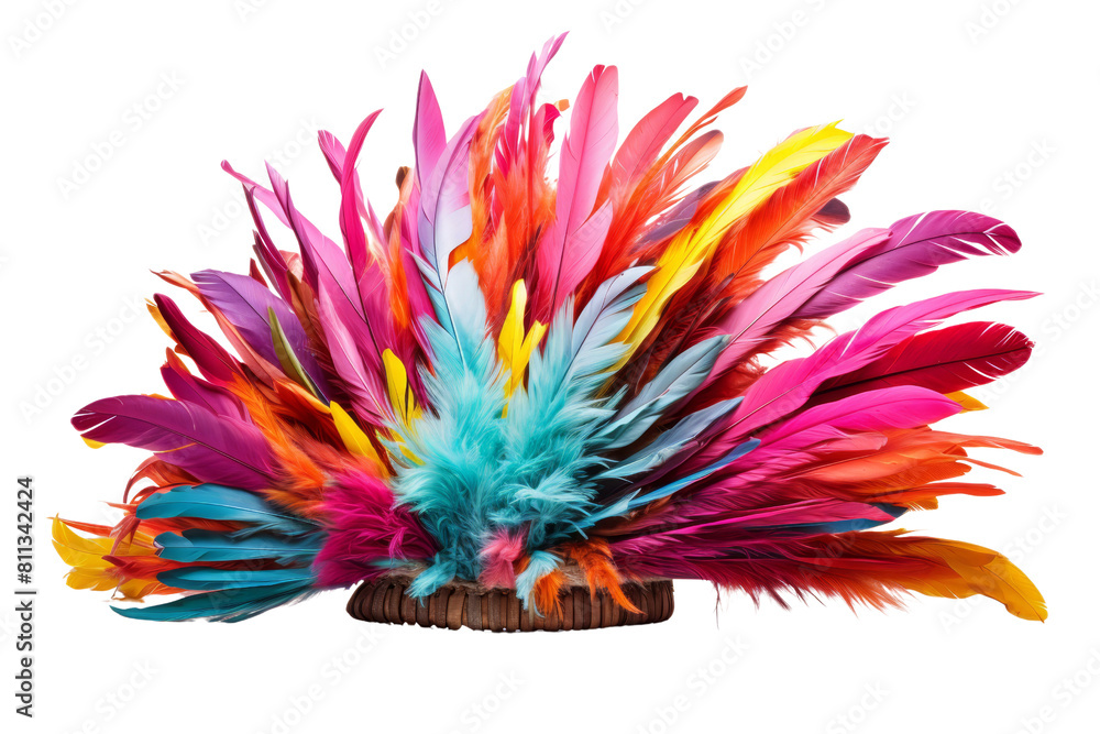 A colorful feather headdress with a wooden base. The feathers are in a rainbow of colors and the headdress is large and full