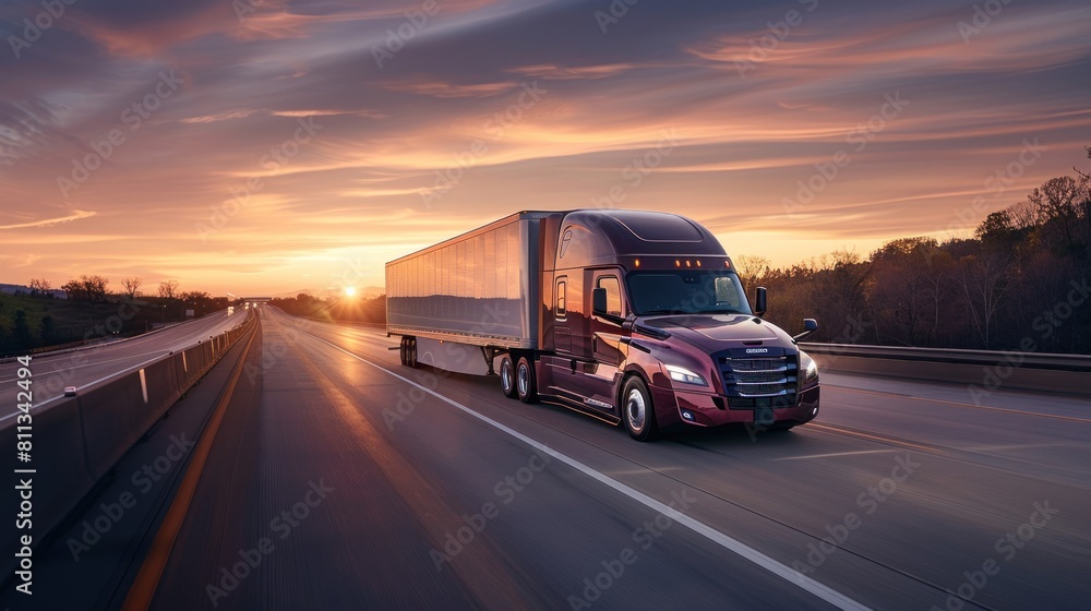 A large semi truck is driving down a highway at sunset